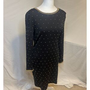 Vintage Et Al Beaded Wool Open V Back Black Dress Long Sleeve Uptown Gold
